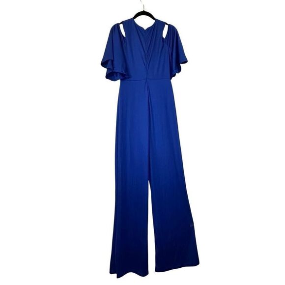 Soho Chic Faux Wrap Flutter Cold Shoulder Blue One Piece Jumpsuit Size Small - Picture 3 of 4
